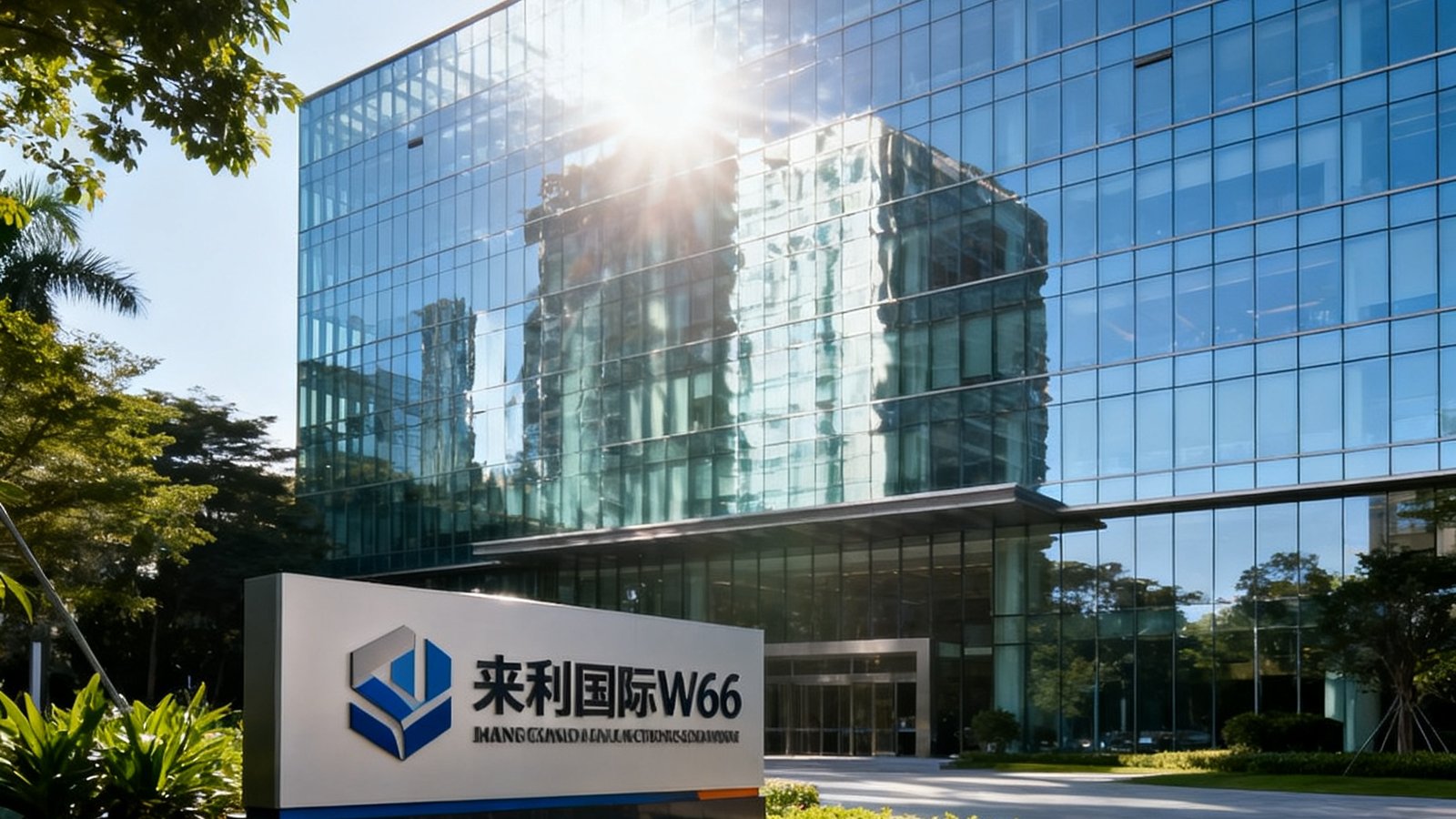 来利国际w66深圳总部办公大楼外观，现代化的玻璃幕墙建筑前矗立着公司标识牌，阳光照射下显得庄重而专业，周围绿植环绕。