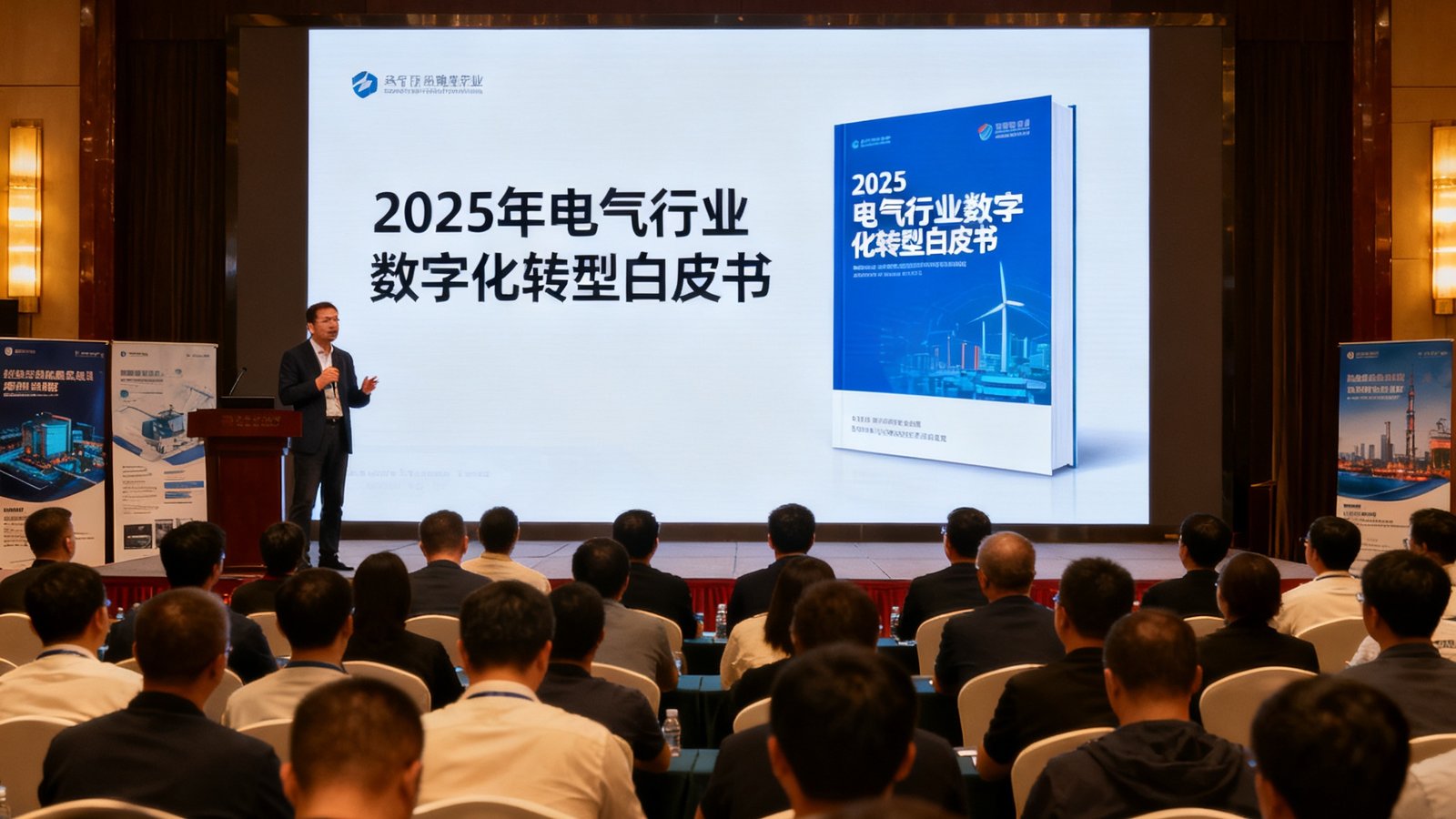 2025年电气行业数字化转型白皮书发布会的现场照片，台上嘉宾正在演讲，台下座无虚席，大屏幕显示着白皮书封面。