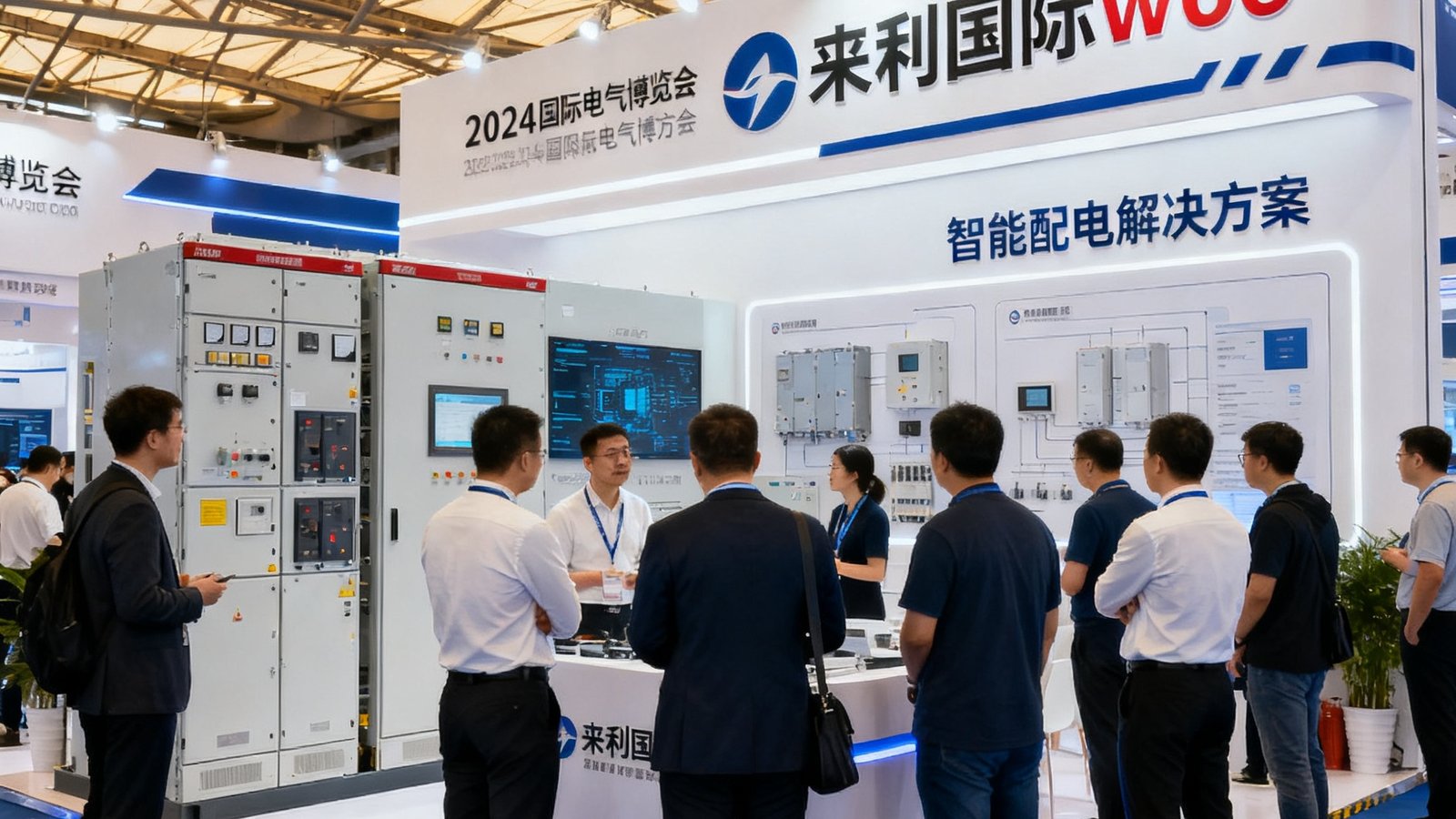 来利国际w66技术团队在2024国际电气博览会上展示最新智能配电解决方案的展台照片，展台前人头攒动。